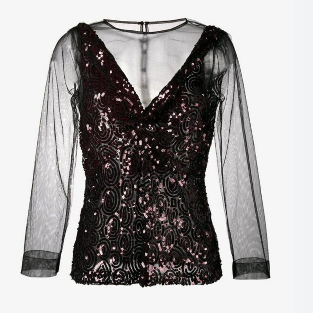 Dries Van Noten Carti black net mesh purple sequins layered top